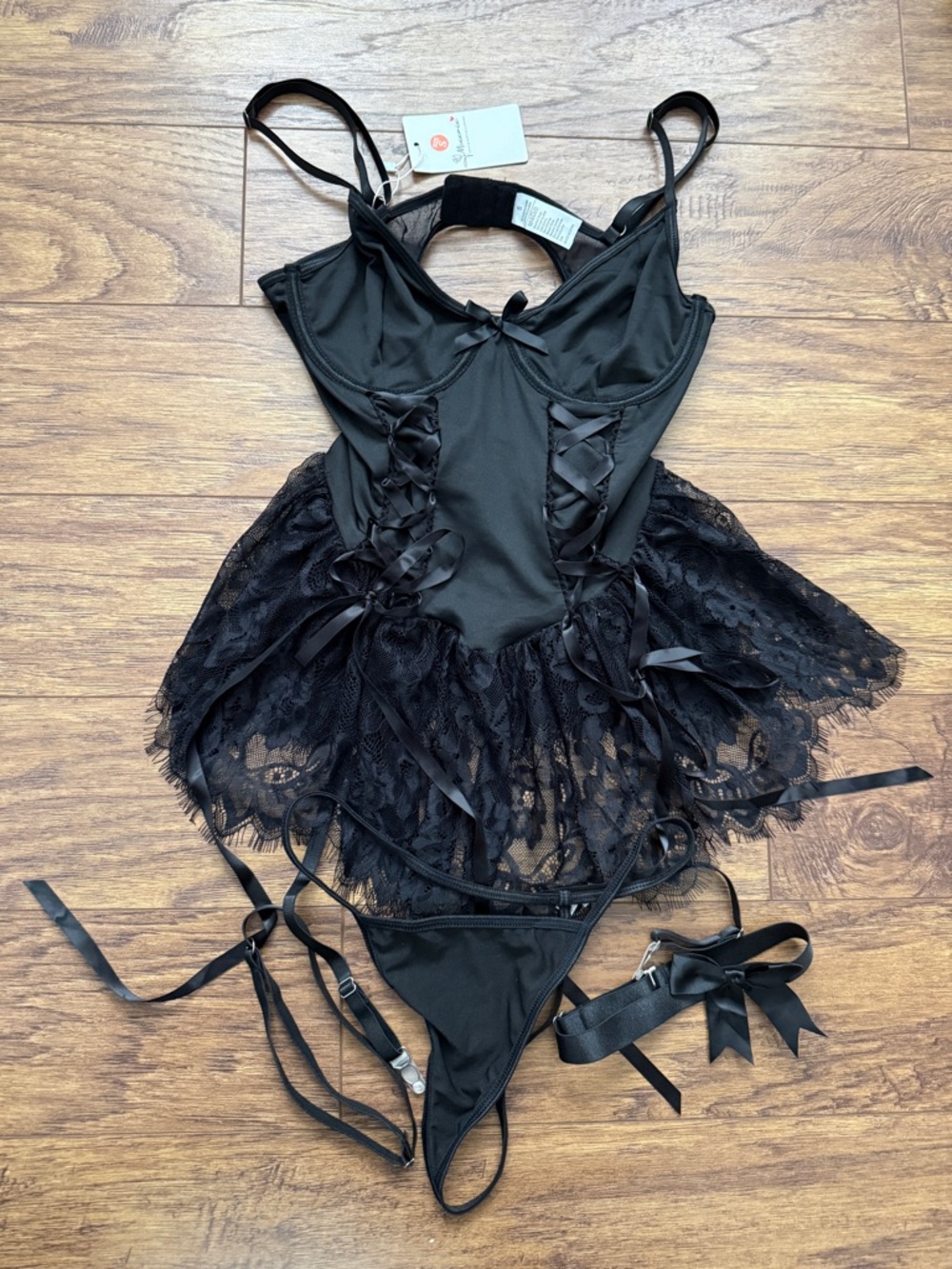 Black Lace Corset Teddy Lingerie with Ribbons